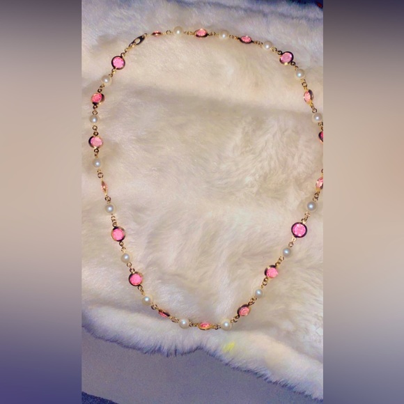 🌸🌼Pearl Faux Tennis Link Station Style Glass Stone Yellow Gold Tone Necklace - Picture 7 of 7